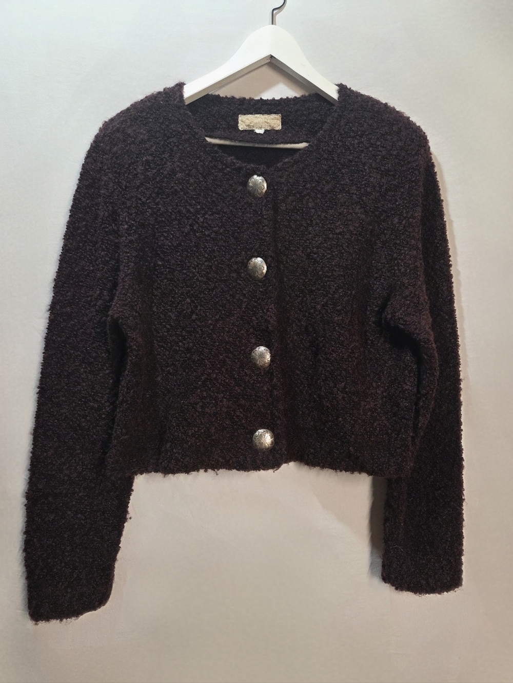 Textured Cardigan Metal Buttons Made In Canada Vintage Wool Blend Sz L